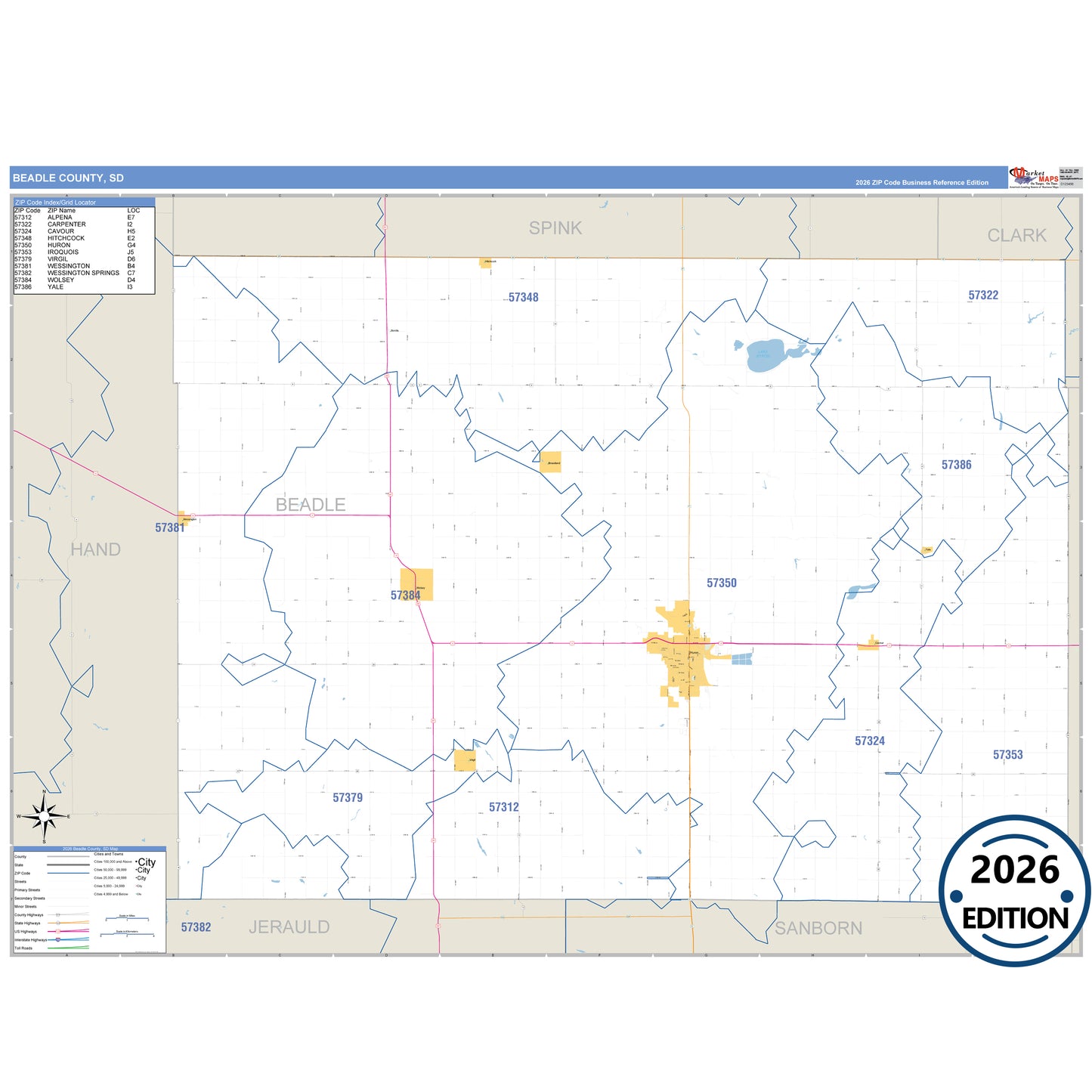 Beadle County, SD Business Reference 5 Digit ZIP Code Wall Map