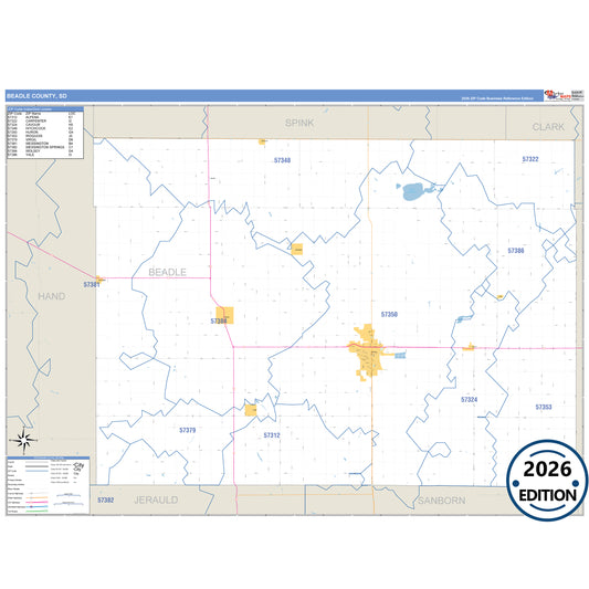 Beadle County, SD Business Reference 5 Digit ZIP Code Wall Map