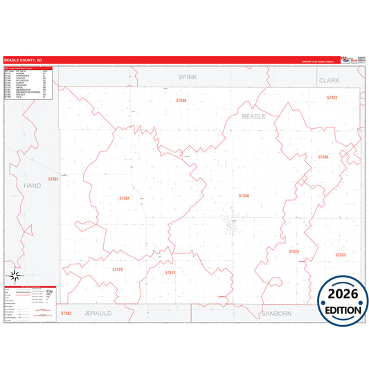 Beadle County, SD Red Line 5 Digit ZIP Code Wall Map