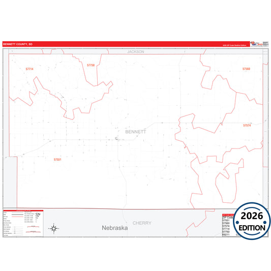 Bennett County, SD Red Line 5 Digit ZIP Code Wall Map