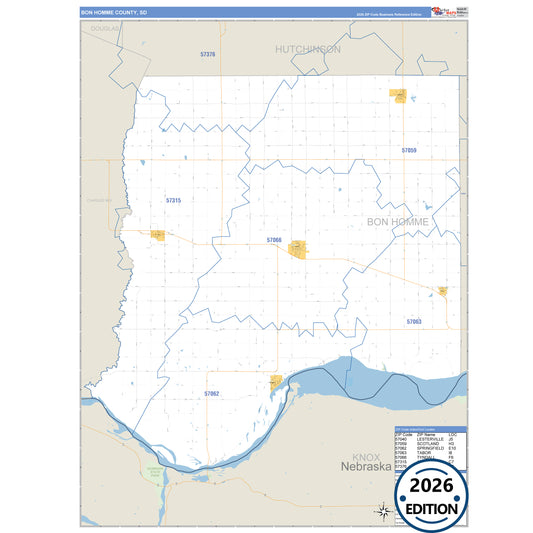 Bon Homme County, SD Business Reference 5 Digit ZIP Code Wall Map