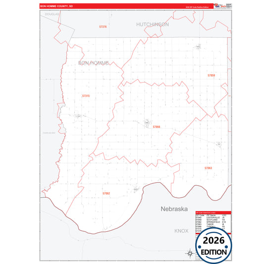 Bon Homme County, SD Red Line 5 Digit ZIP Code Wall Map