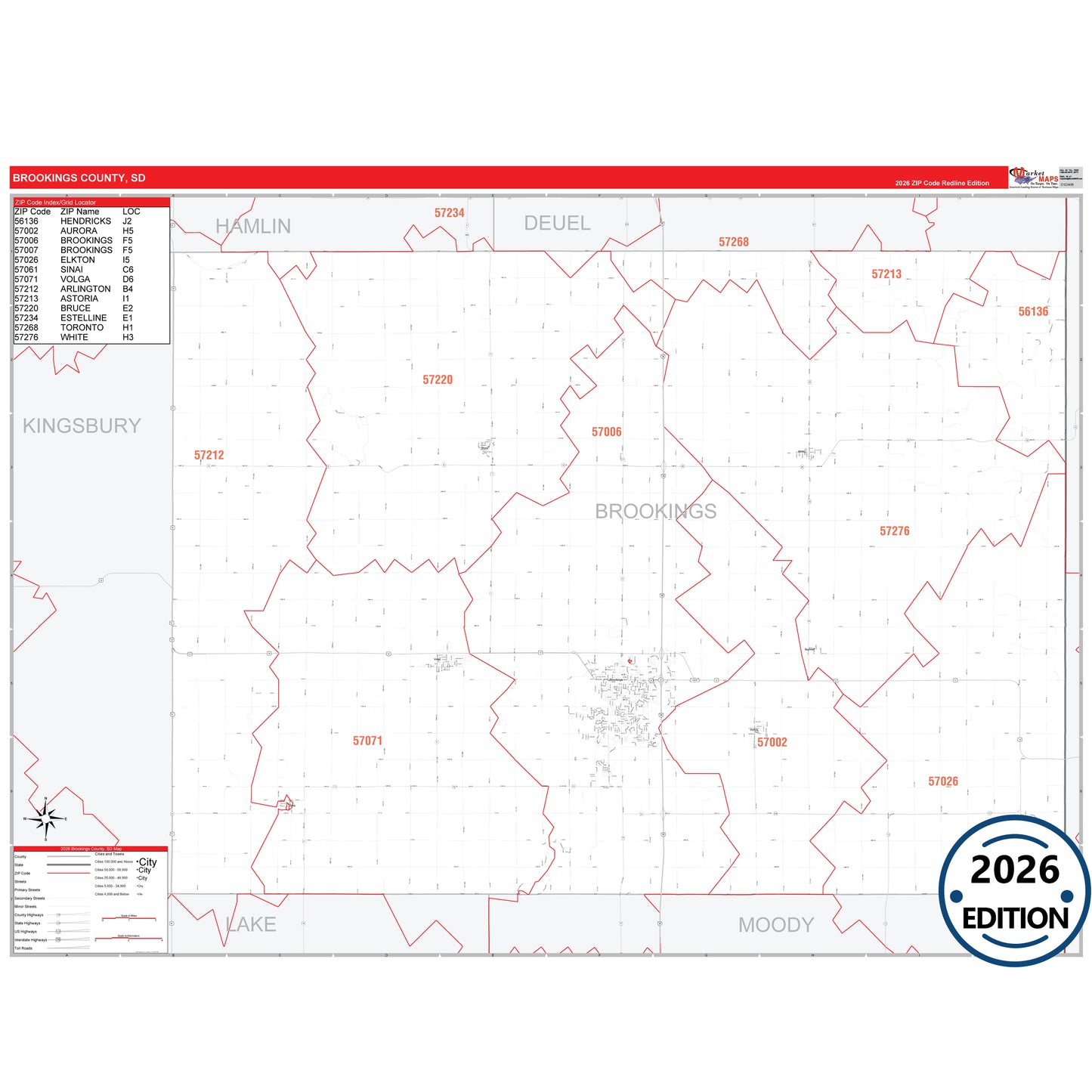 Brookings County, SD Red Line 5 Digit ZIP Code Wall Map