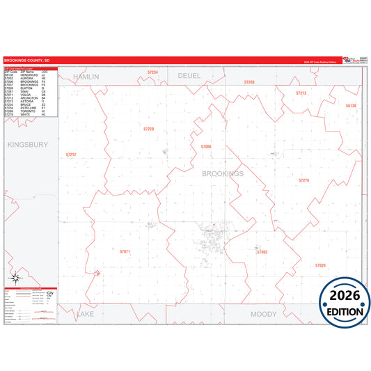 Brookings County, SD Red Line 5 Digit ZIP Code Wall Map