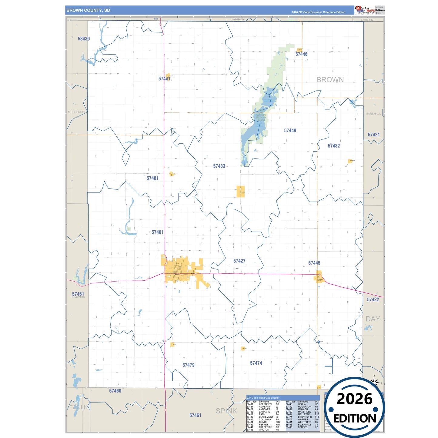 Brown County, SD Business Reference 5 Digit ZIP Code Wall Map