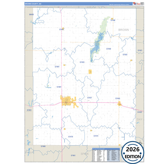 Brown County, SD Business Reference 5 Digit ZIP Code Wall Map