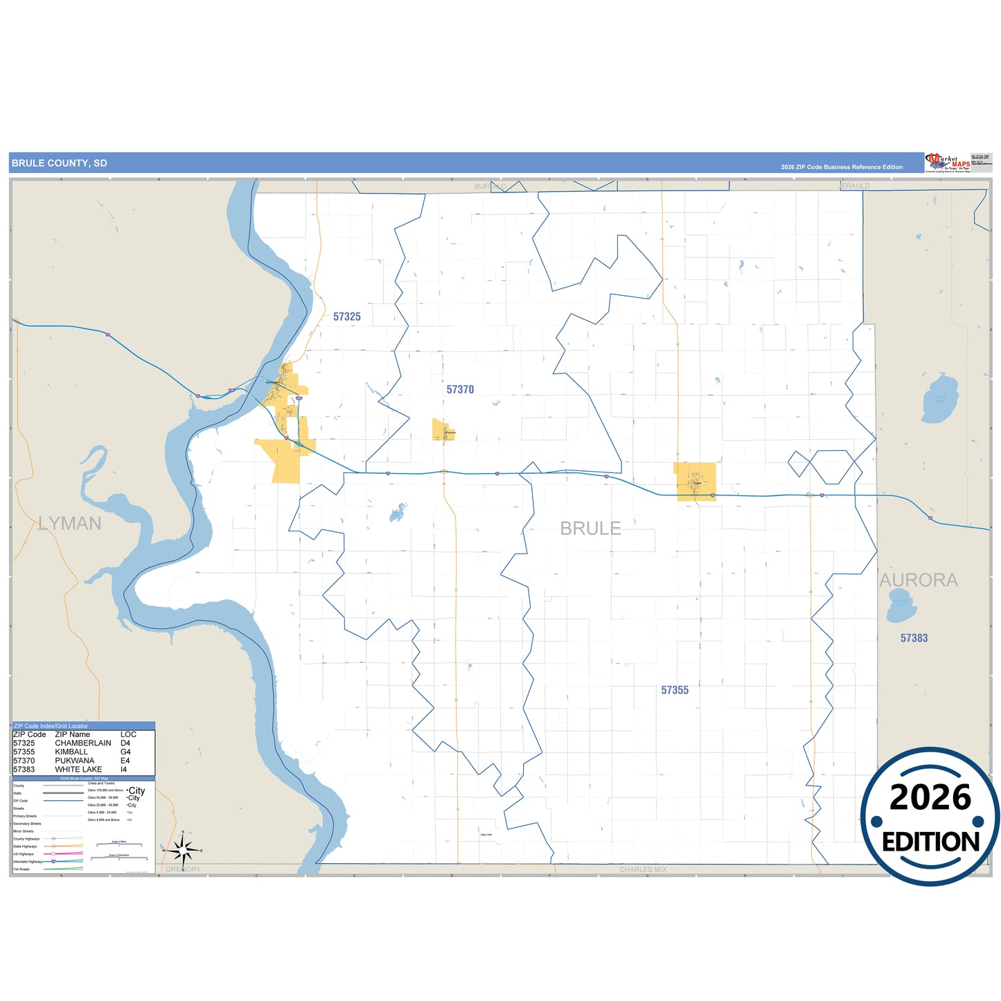 Brule County, SD Business Reference 5 Digit ZIP Code Wall Map