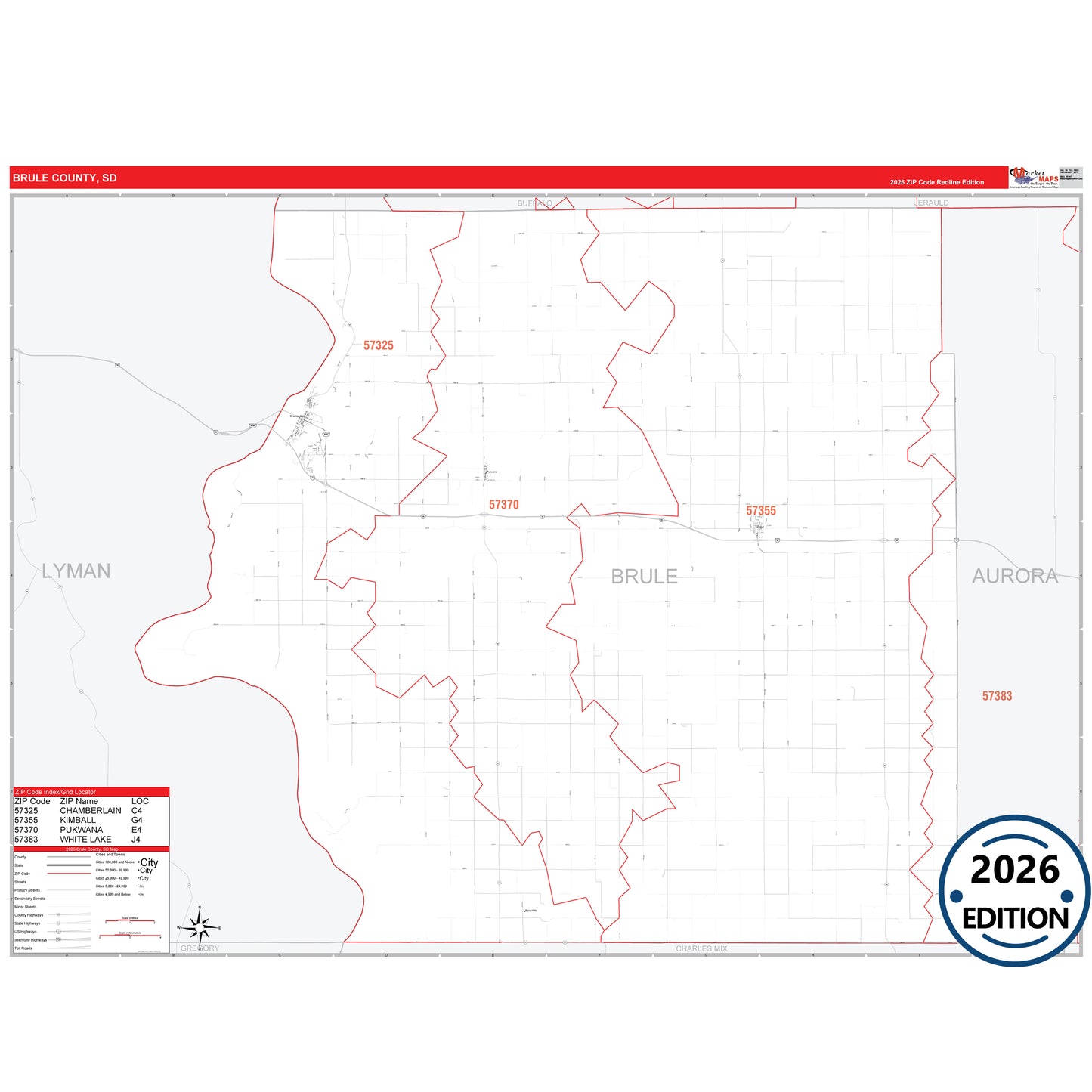 Brule County, SD Red Line 5 Digit ZIP Code Wall Map
