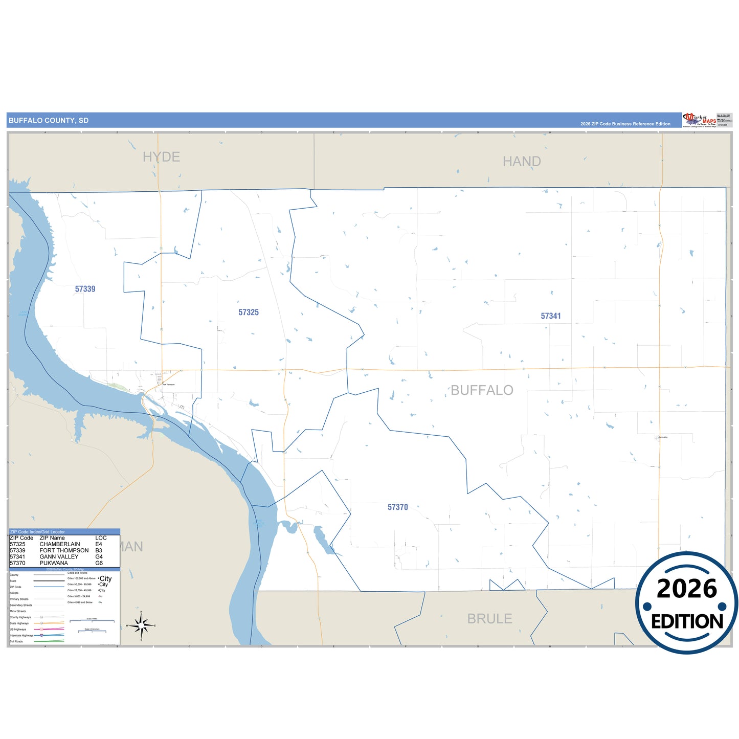 Buffalo County, SD Business Reference 5 Digit ZIP Code Wall Map