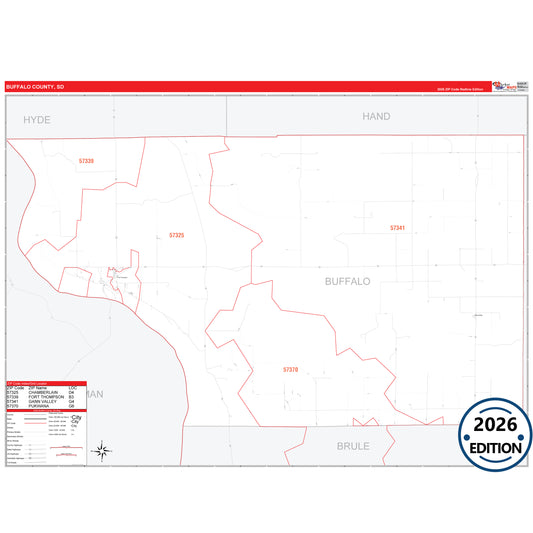 Buffalo County, SD Red Line 5 Digit ZIP Code Wall Map