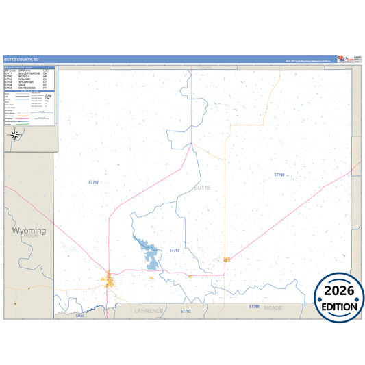 Butte County, SD Business Reference 5 Digit ZIP Code Wall Map
