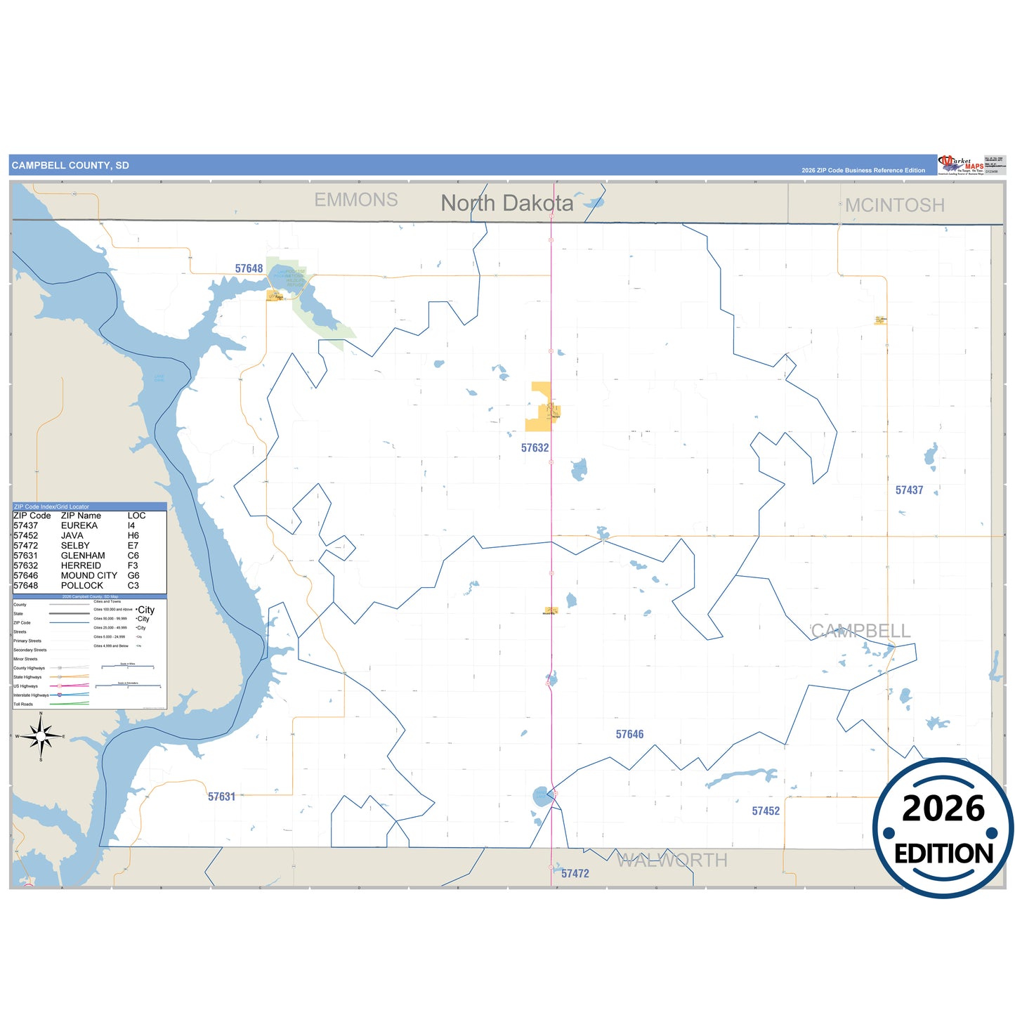 Campbell County, SD Business Reference 5 Digit ZIP Code Wall Map