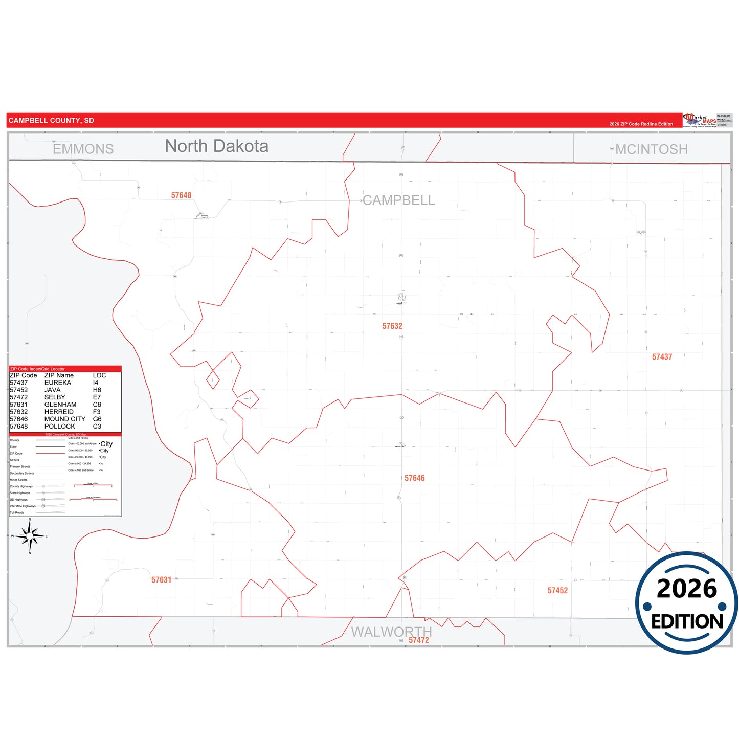 Campbell County, SD Red Line 5 Digit ZIP Code Wall Map