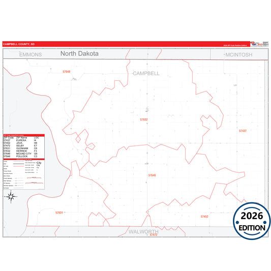 Campbell County, SD Red Line 5 Digit ZIP Code Wall Map
