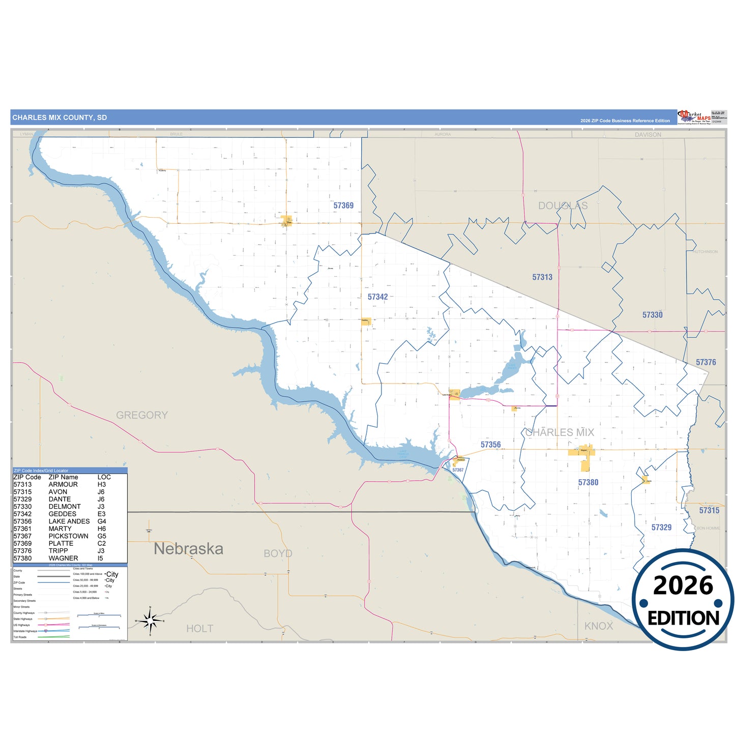 Charles Mix County, SD Business Reference 5 Digit ZIP Code Wall Map