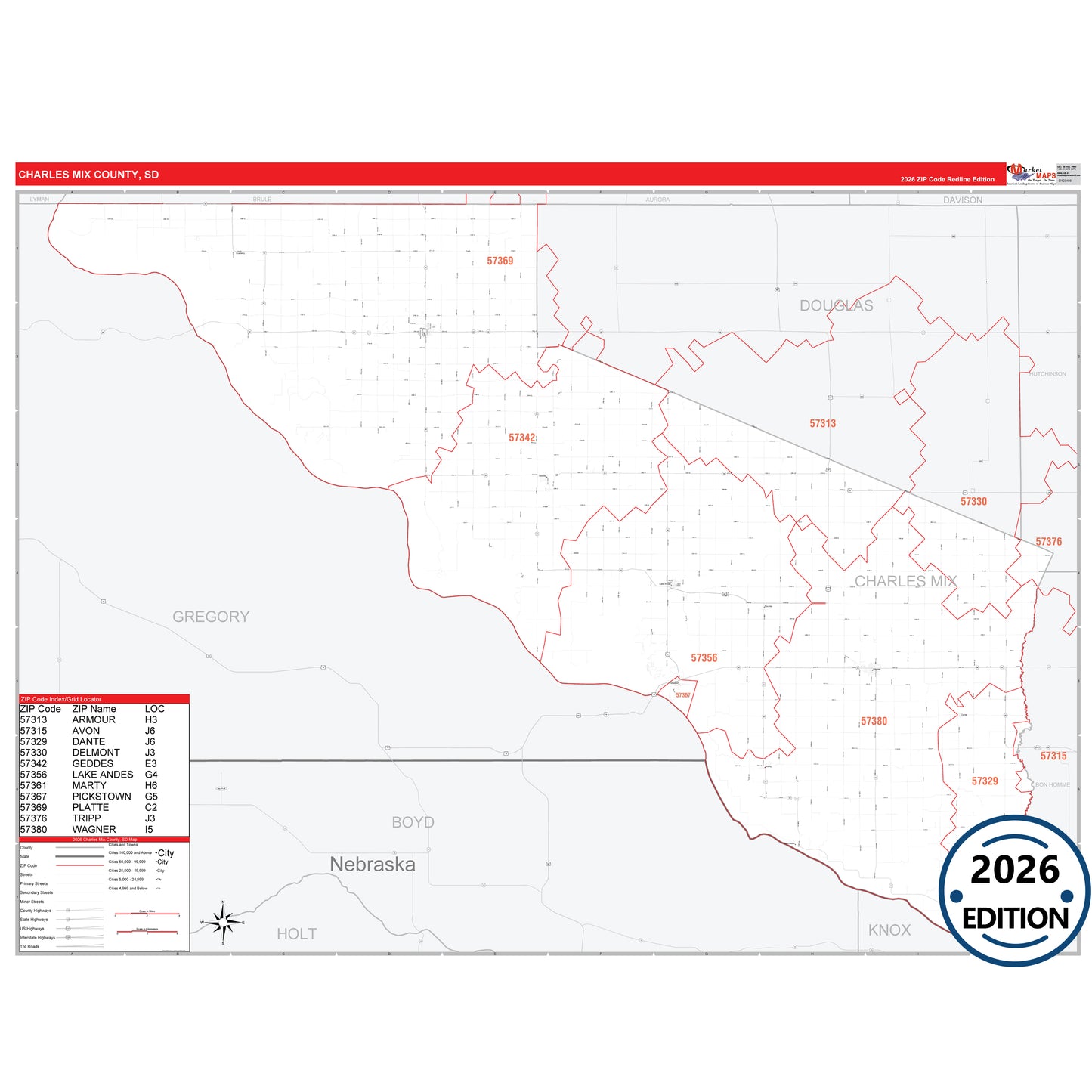 Charles Mix County, SD Red Line 5 Digit ZIP Code Wall Map