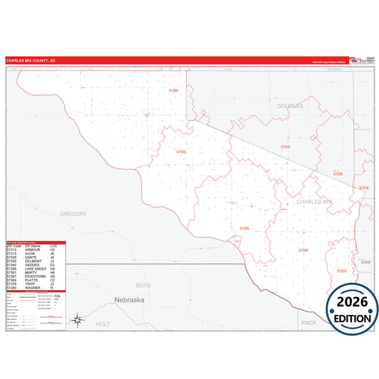 Charles Mix County, SD Red Line 5 Digit ZIP Code Wall Map