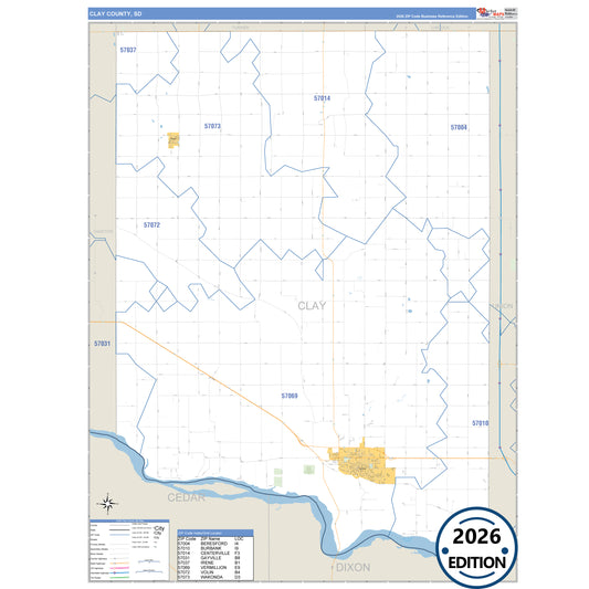 Clay County, SD Business Reference 5 Digit ZIP Code Wall Map