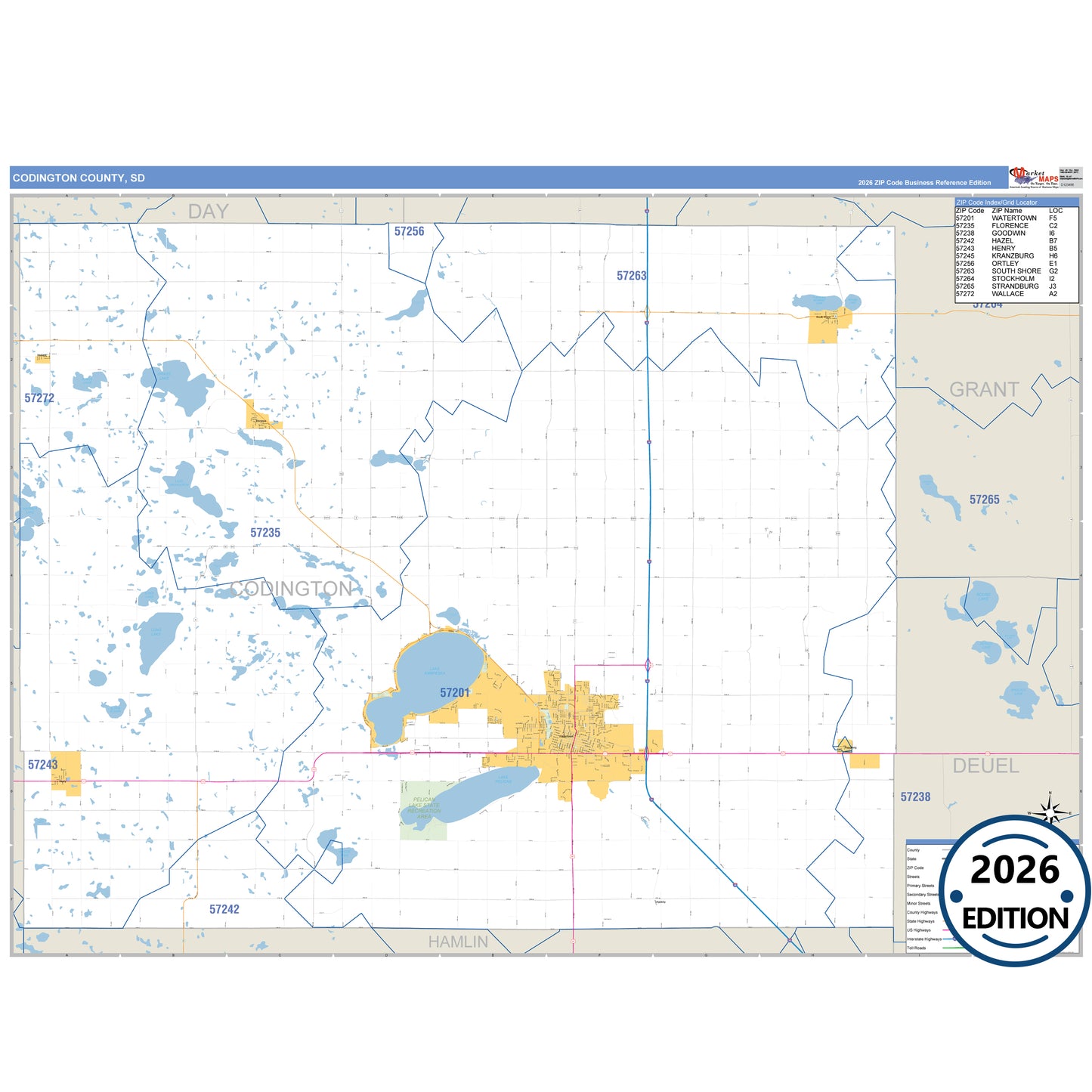 Codington County, SD Business Reference 5 Digit ZIP Code Wall Map
