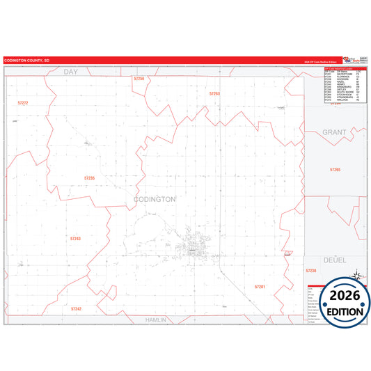 Codington County, SD Red Line 5 Digit ZIP Code Wall Map