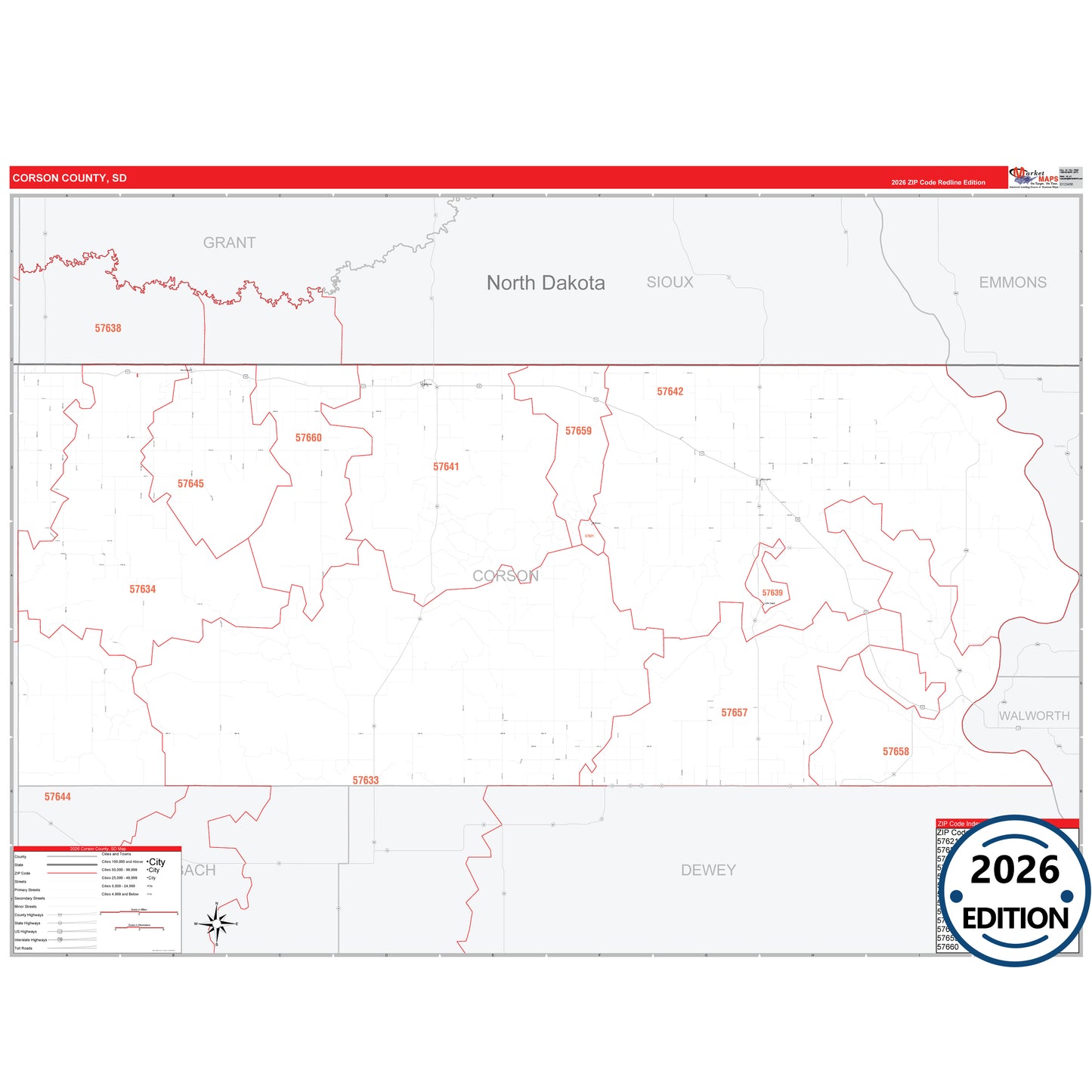 Corson County, SD Red Line 5 Digit ZIP Code Wall Map