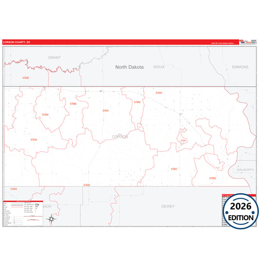 Corson County, SD Red Line 5 Digit ZIP Code Wall Map