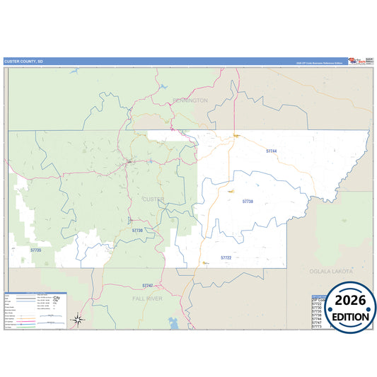 Custer County, SD Business Reference 5 Digit ZIP Code Wall Map