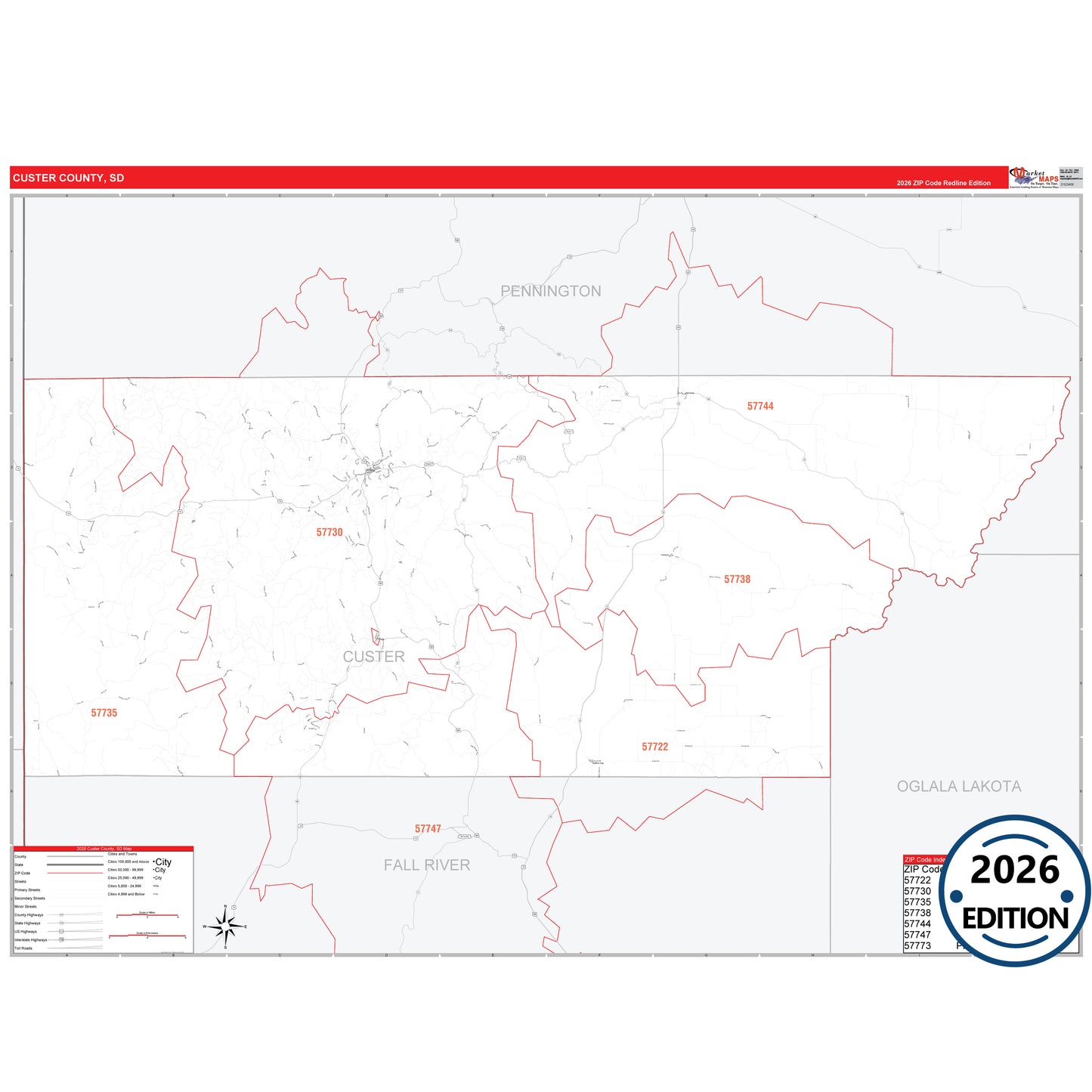 Custer County, SD Red Line 5 Digit ZIP Code Wall Map
