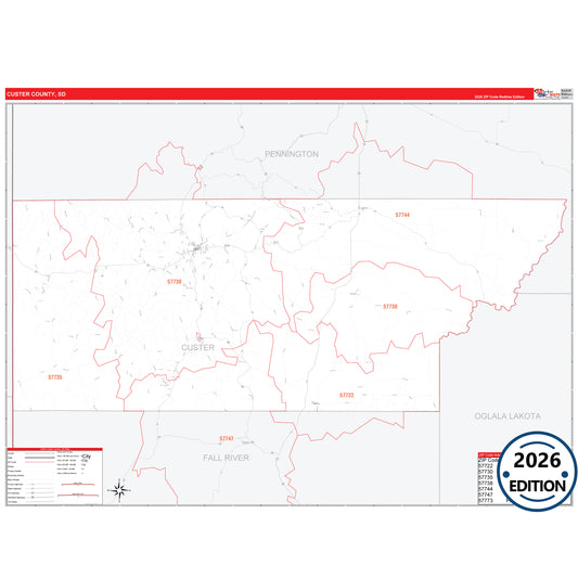 Custer County, SD Red Line 5 Digit ZIP Code Wall Map