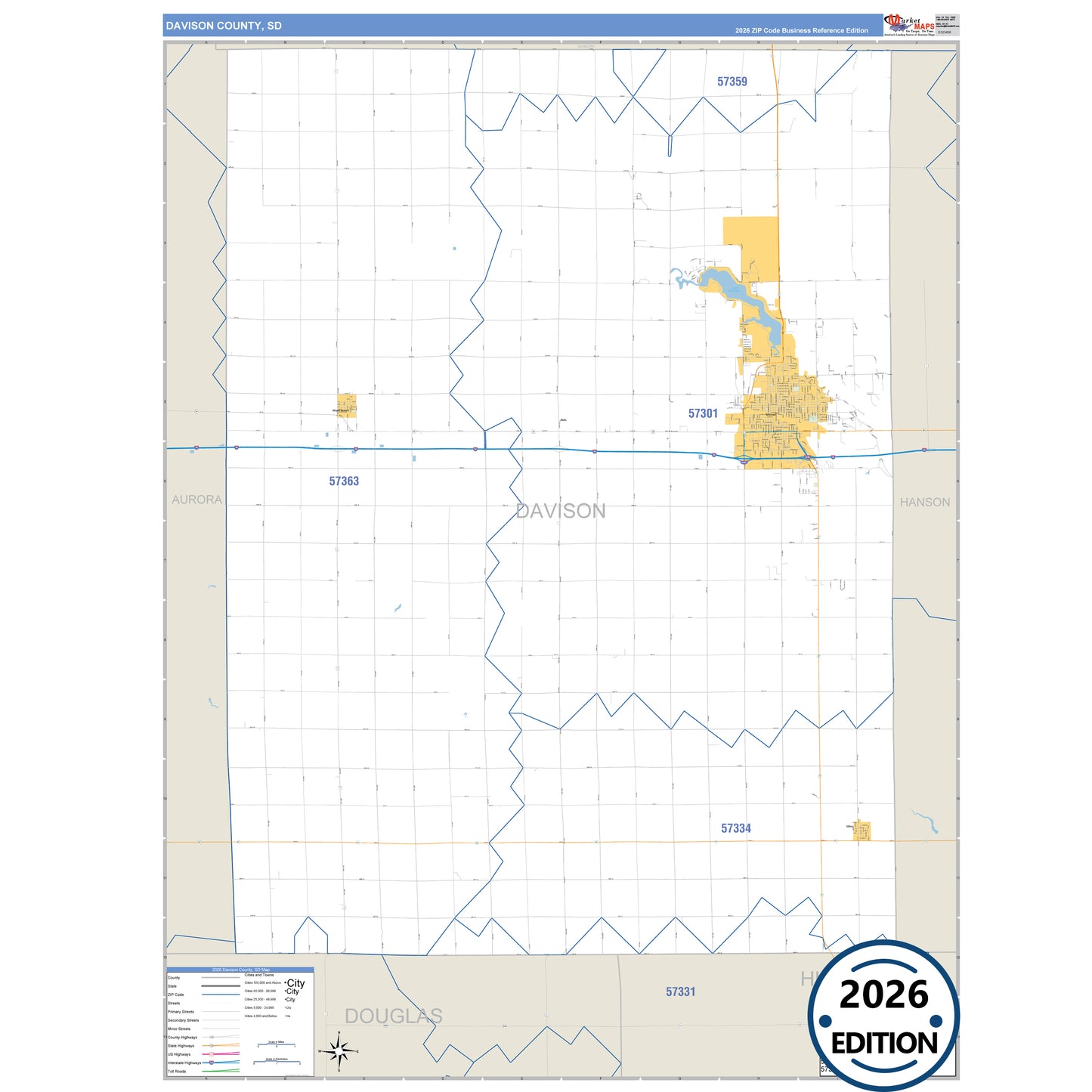 Davison County, SD Business Reference 5 Digit ZIP Code Wall Map