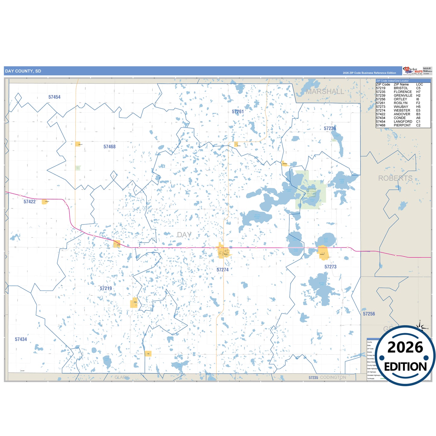 Day County, SD Business Reference 5 Digit ZIP Code Wall Map