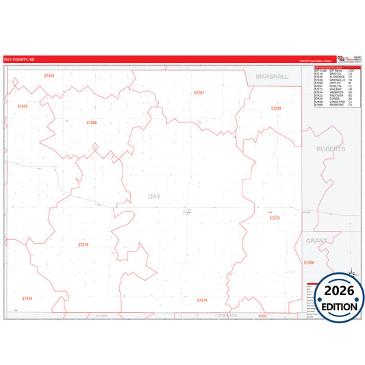 Day County, SD Red Line 5 Digit ZIP Code Wall Map