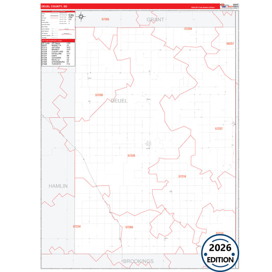 Deuel County, SD Red Line 5 Digit ZIP Code Wall Map