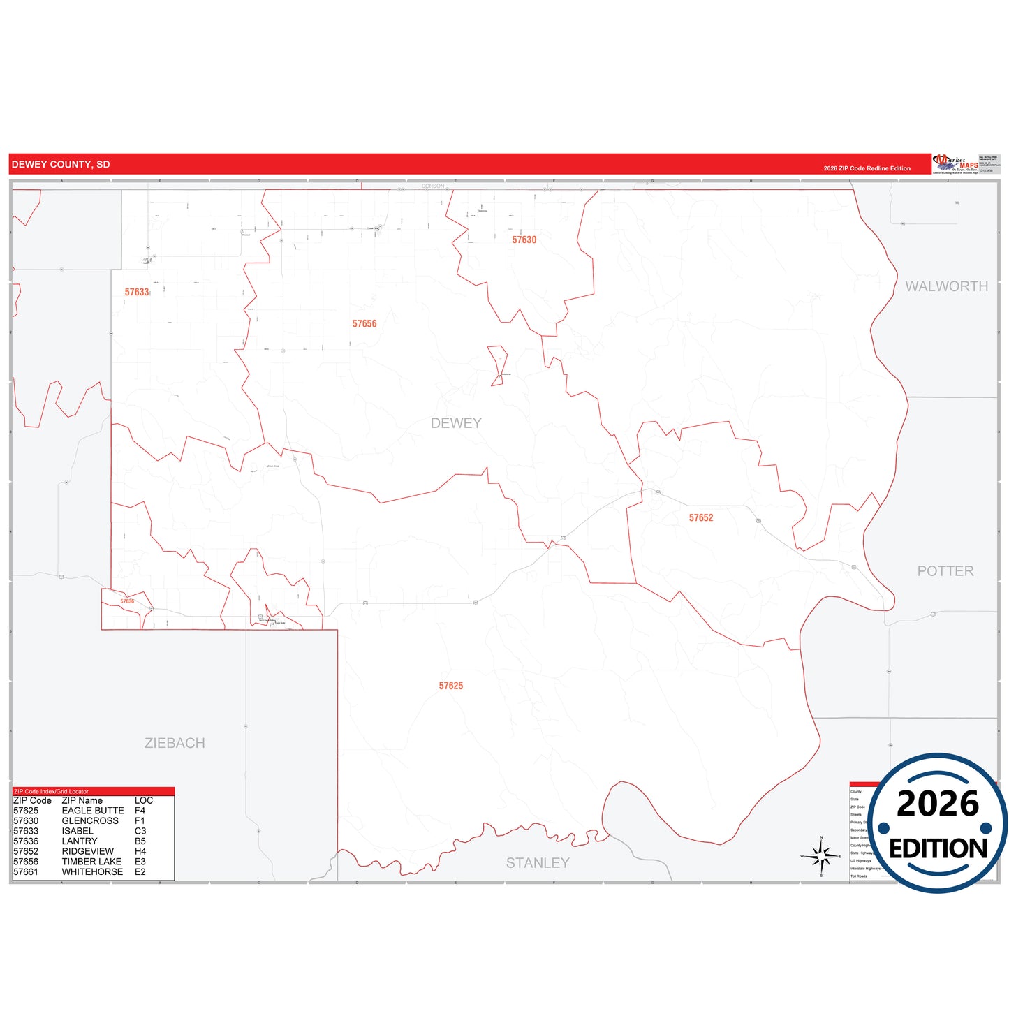 Dewey County, SD Red Line 5 Digit ZIP Code Wall Map