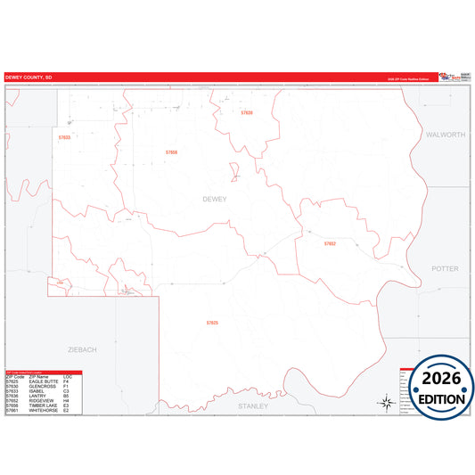 Dewey County, SD Red Line 5 Digit ZIP Code Wall Map