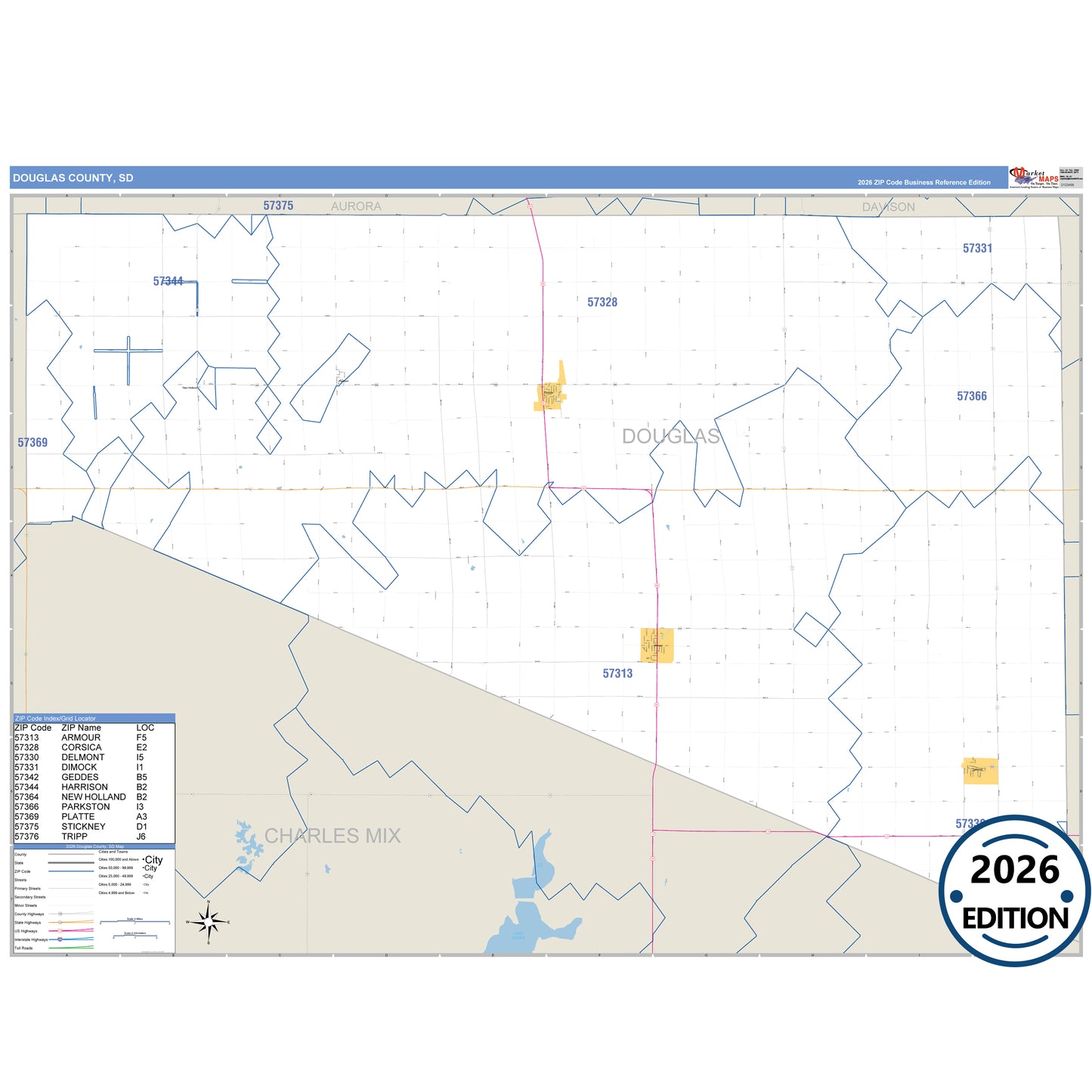 Douglas County, SD Business Reference 5 Digit ZIP Code Wall Map