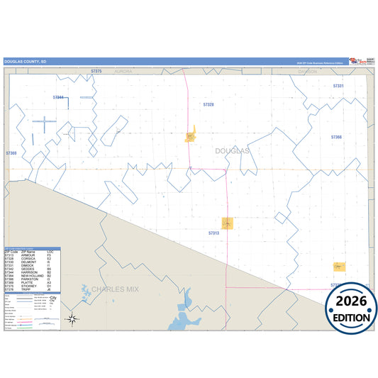 Douglas County, SD Business Reference 5 Digit ZIP Code Wall Map