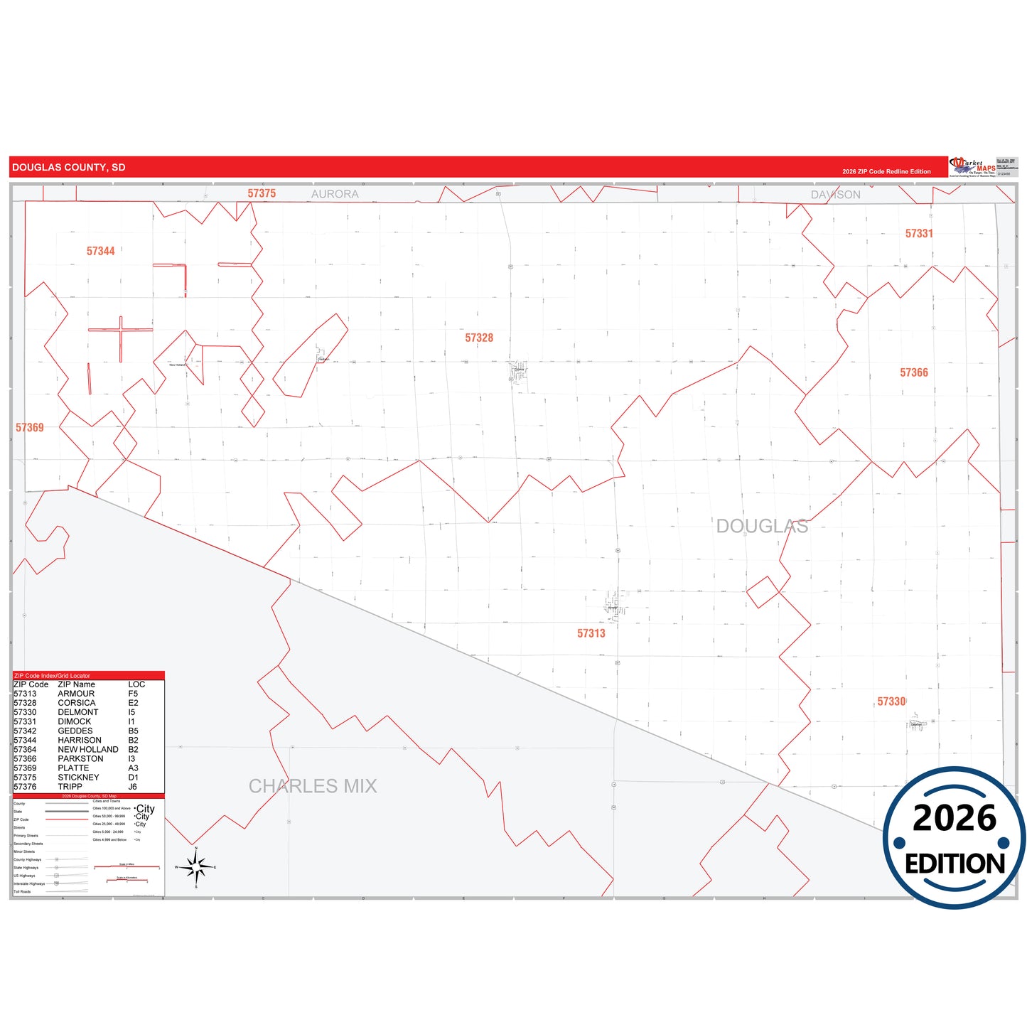 Douglas County, SD Red Line 5 Digit ZIP Code Wall Map