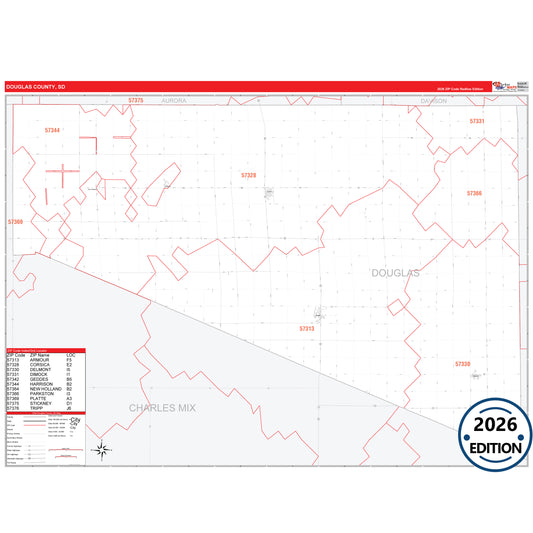 Douglas County, SD Red Line 5 Digit ZIP Code Wall Map