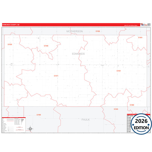 Edmunds County, SD Red Line 5 Digit ZIP Code Wall Map