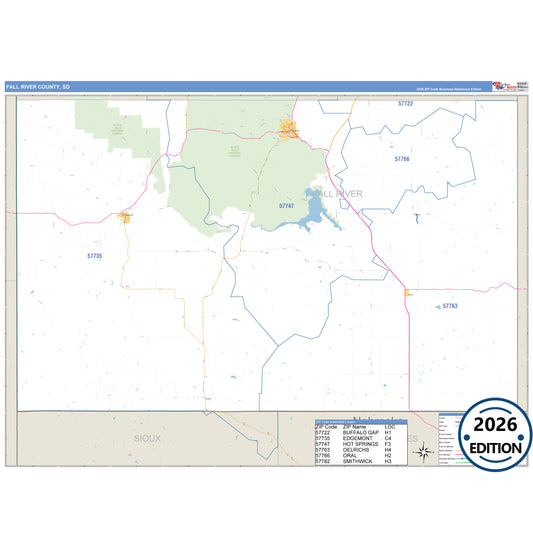 Fall River County, SD Business Reference 5 Digit ZIP Code Wall Map