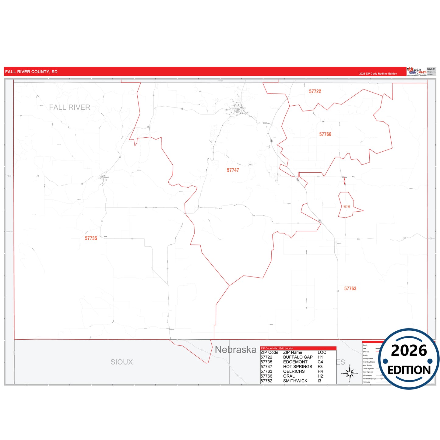 Fall River County, SD Red Line 5 Digit ZIP Code Wall Map