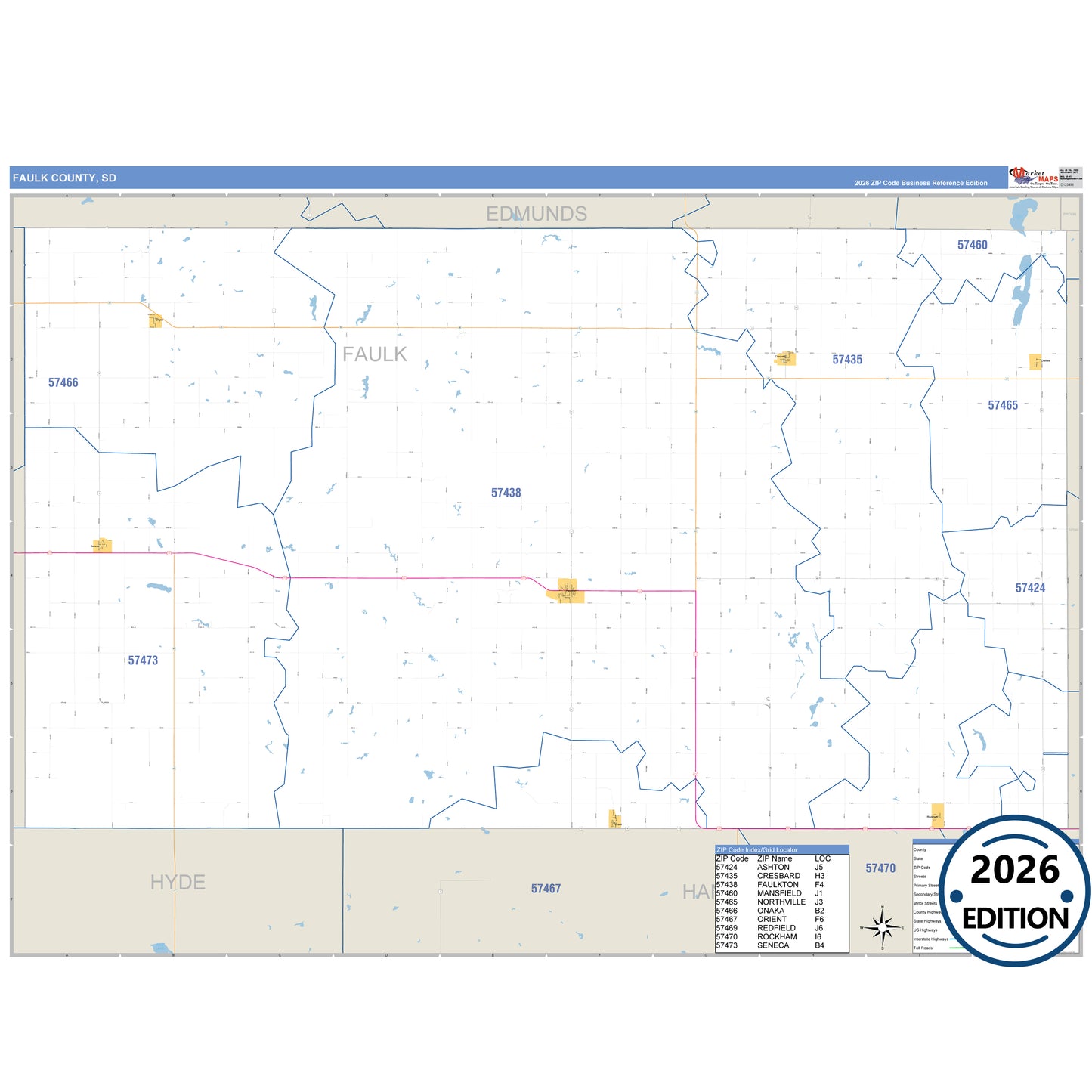Faulk County, SD Business Reference 5 Digit ZIP Code Wall Map