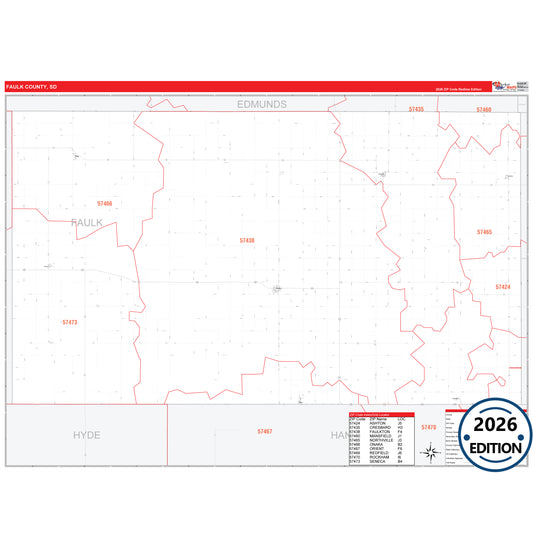 Faulk County, SD Red Line 5 Digit ZIP Code Wall Map