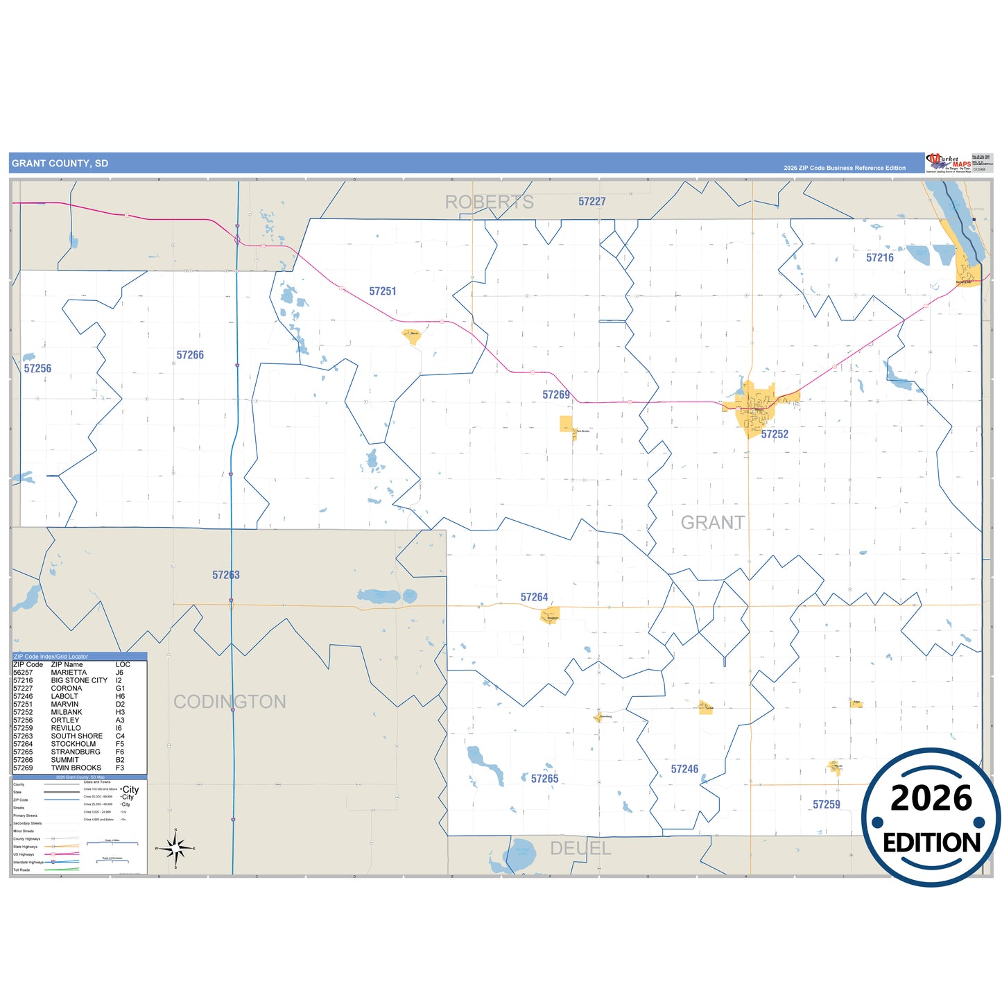 Grant County, SD Business Reference 5 Digit ZIP Code Wall Map
