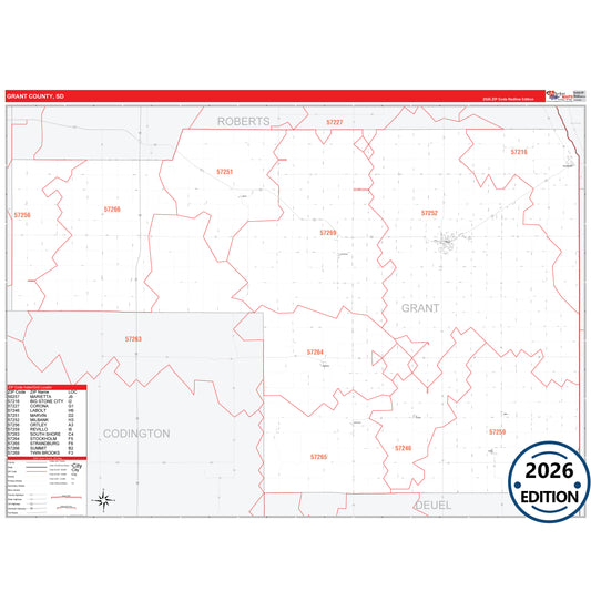 Grant County, SD Red Line 5 Digit ZIP Code Wall Map