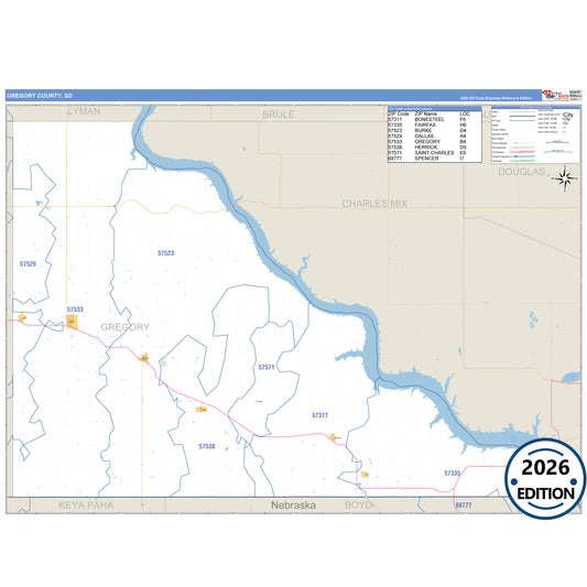 Gregory County, SD Business Reference 5 Digit ZIP Code Wall Map