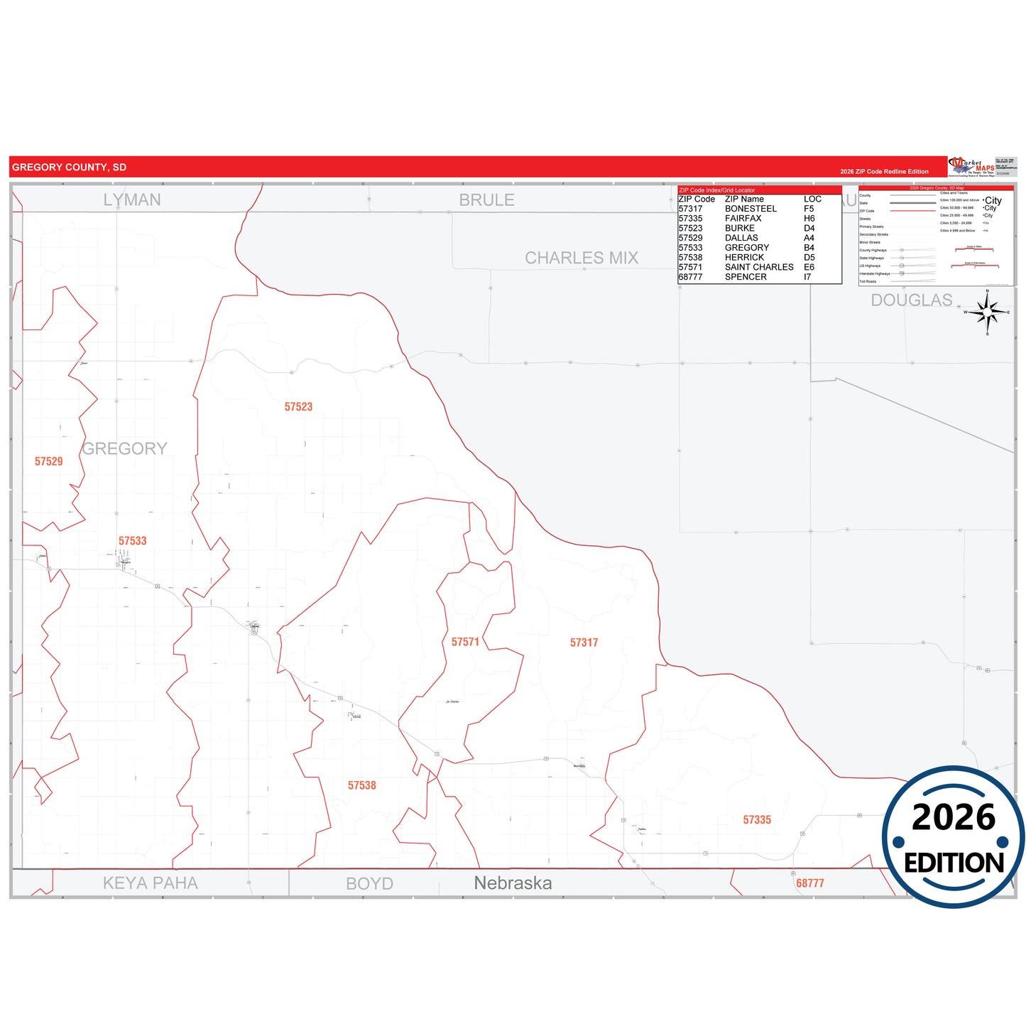 Gregory County, SD Red Line 5 Digit ZIP Code Wall Map