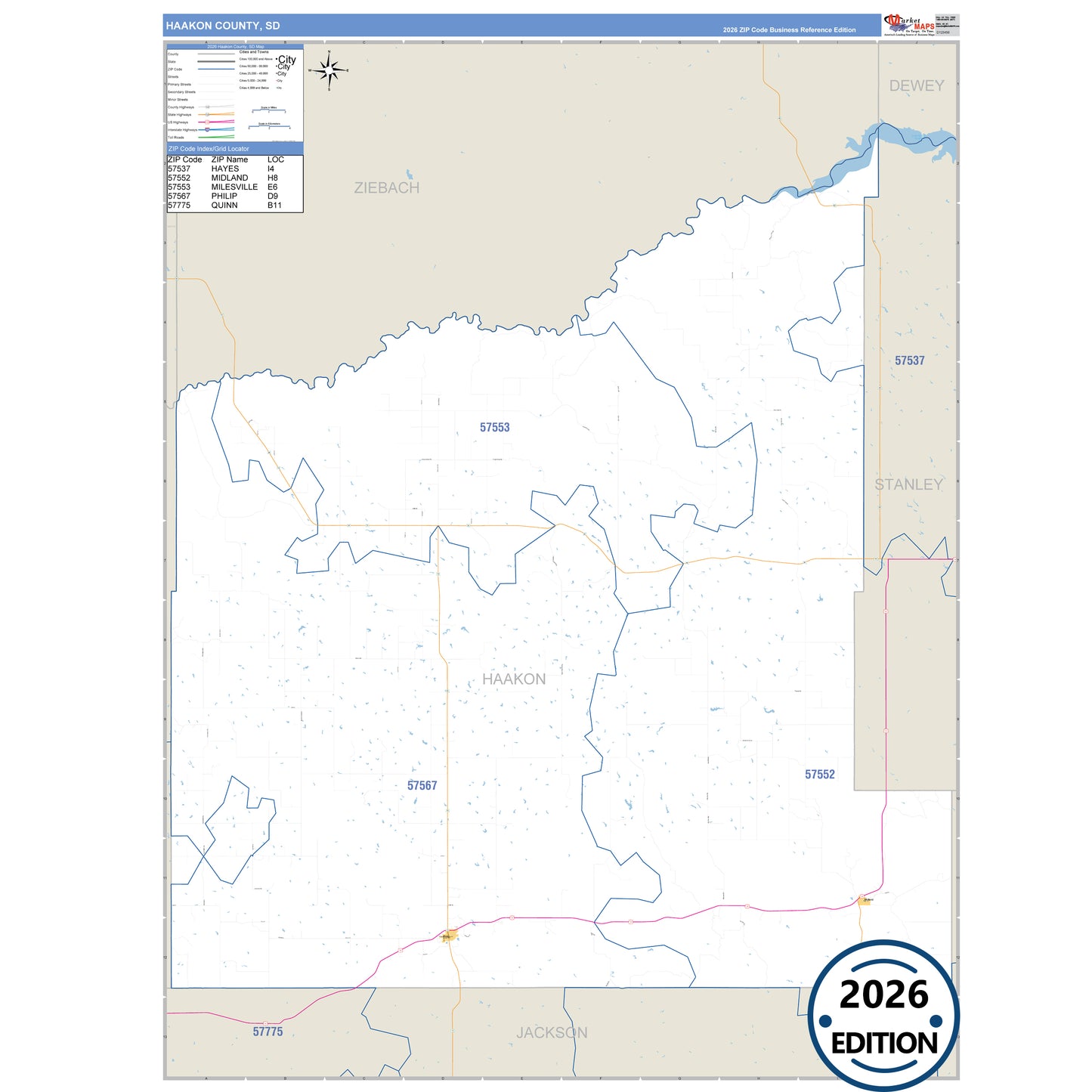 Haakon County, SD Business Reference 5 Digit ZIP Code Wall Map