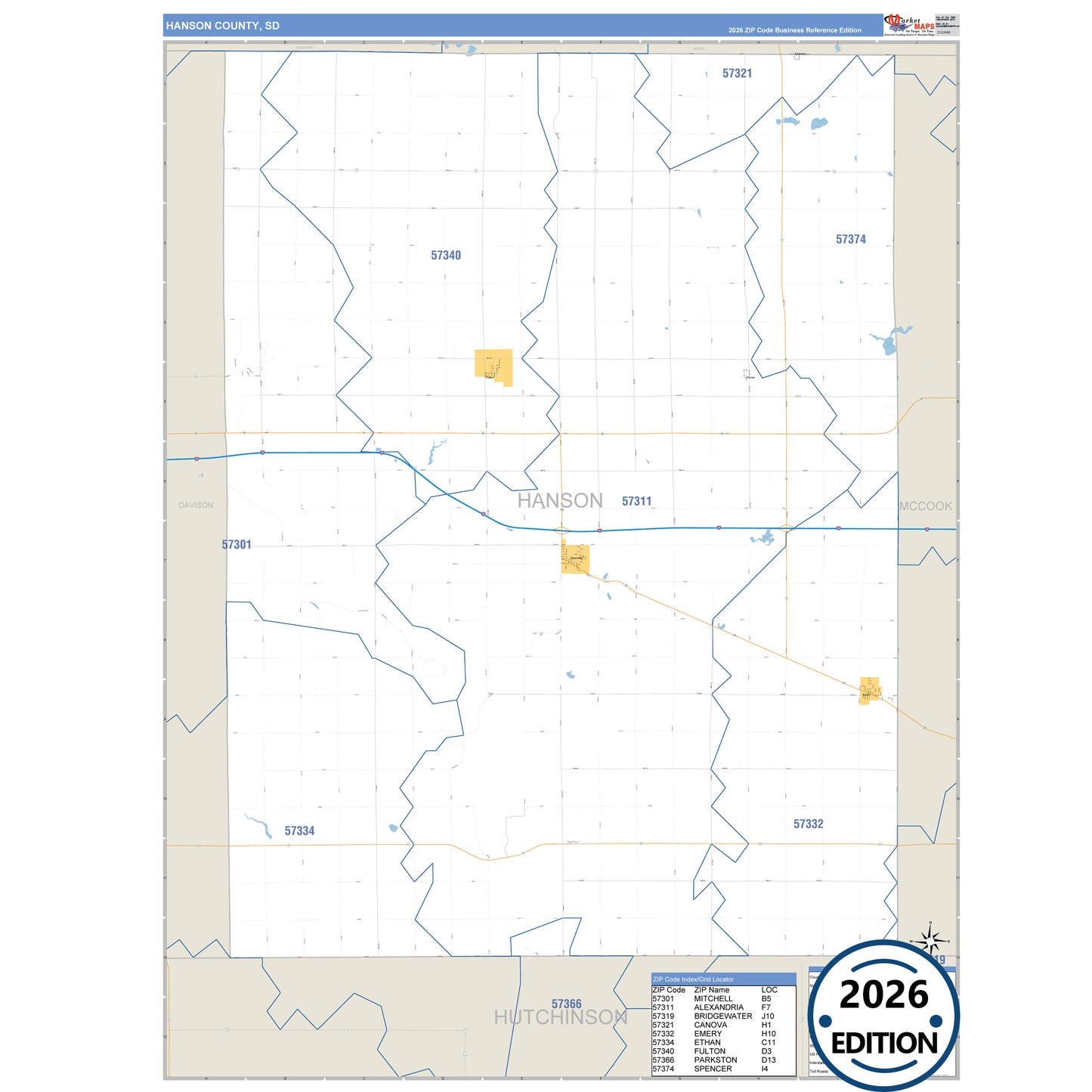Hanson County, SD Business Reference 5 Digit ZIP Code Wall Map